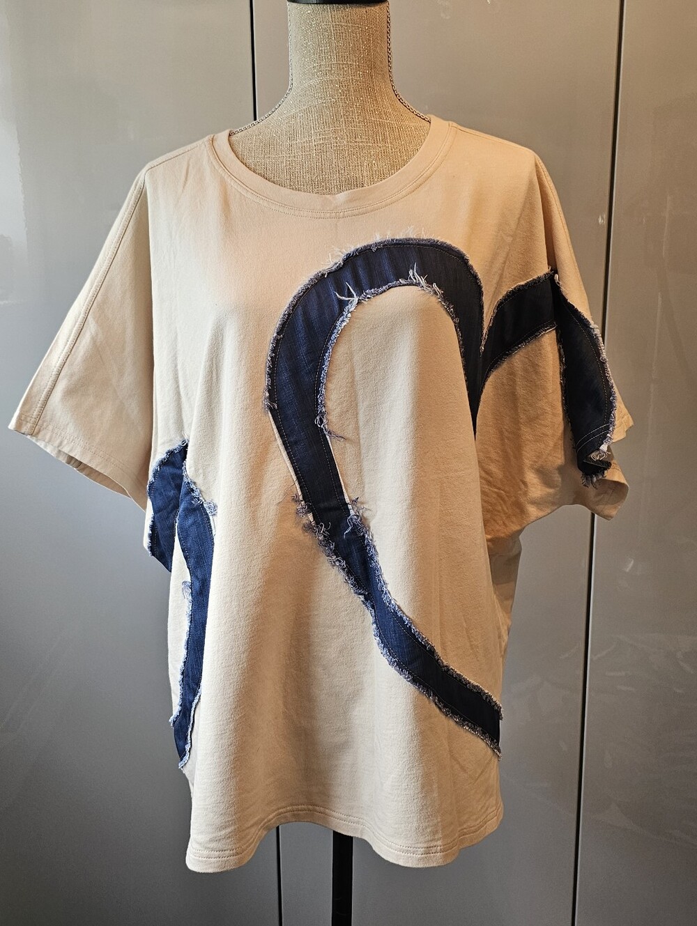 Easel Beige Heavy Cotton Tee with Distressed Navy Heart Patch. Fits Large - XL